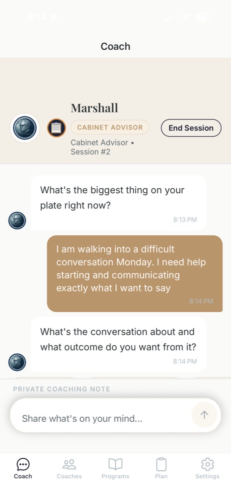 Cabinet coaching chat for practicing a difficult conversation