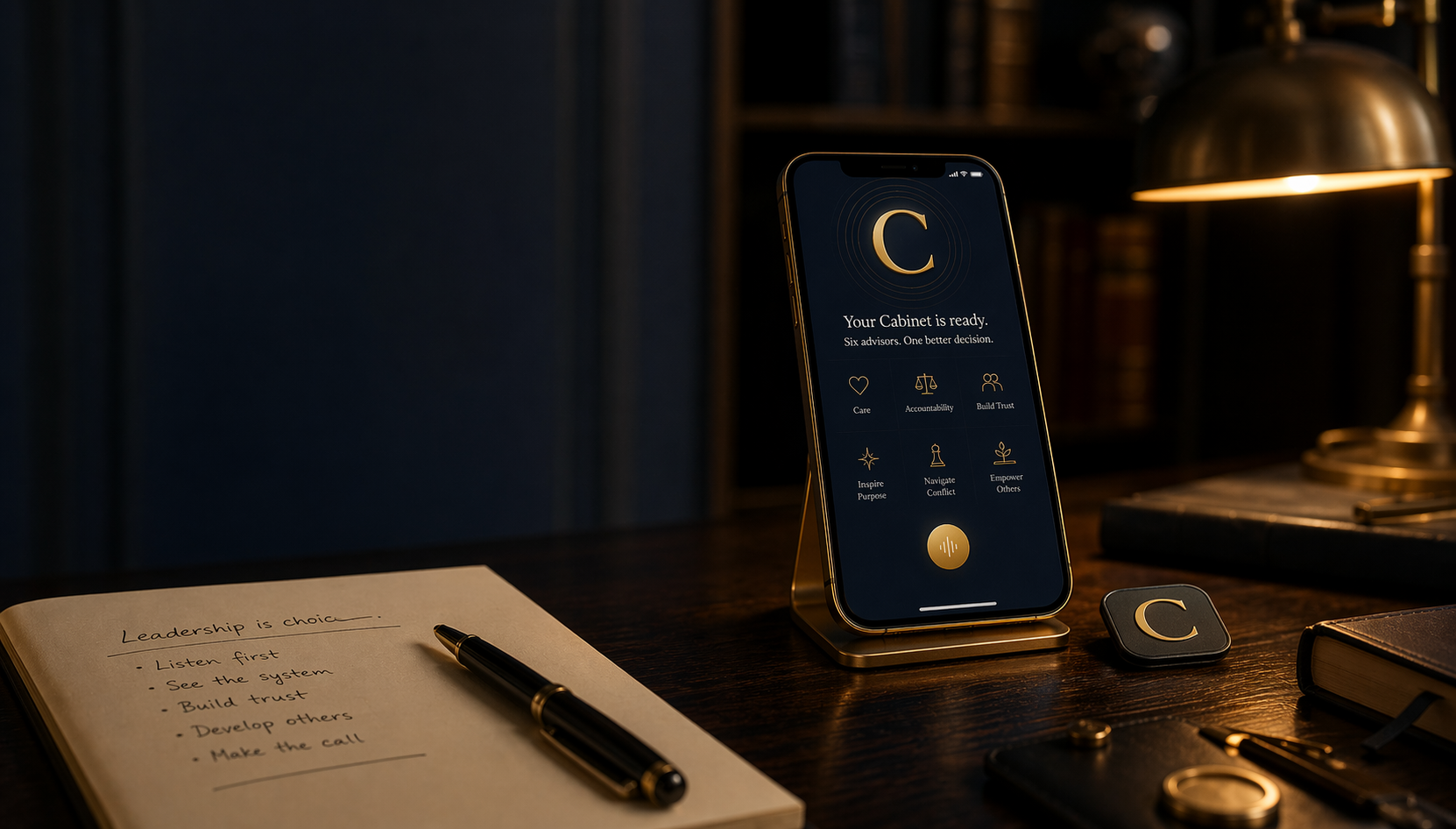 Cabinet coaching app on a desk in a private study setting